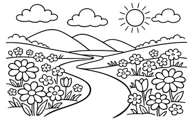 Naklejka premium Charming cartoon landscape with a winding path through blooming flowers and rolling hills