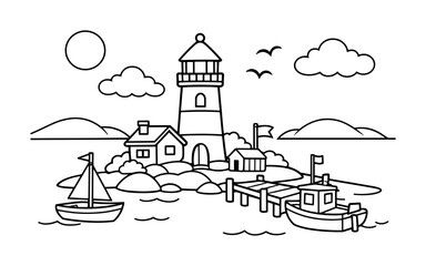 Naklejka premium Charming coastal village scene with a lighthouse, boats, and houses by the sea