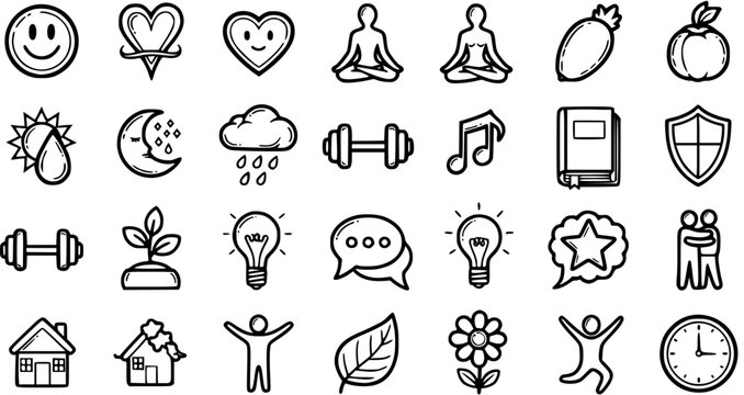 Hand-drawn Black  White Line Art Icons for Wellness, Lifestyle  Self-Care: Featuring Health, Nature, Home, Idea  Happiness Symbols