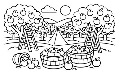 Naklejka premium Cartoon apple orchard scene with ladders and baskets full of fruit