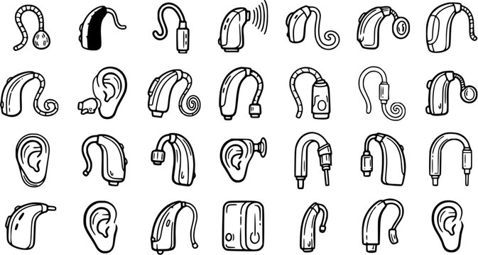 Medical Hearing Aids and Ear Devices Outline Black  White Line Art Icons Set for Audiology and Healthcare Technology