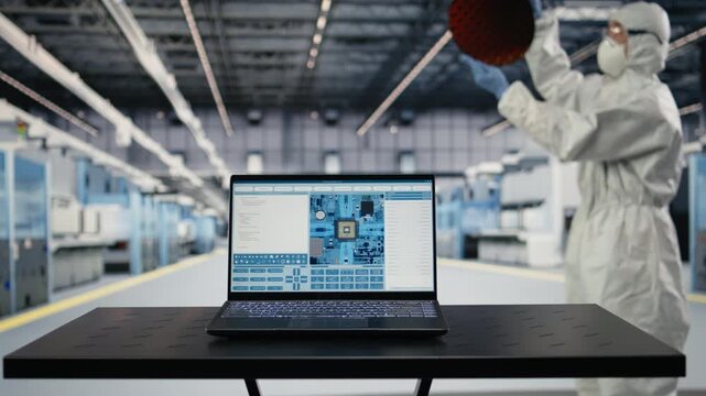 Monitoring PCB components hardware fabrication, laptop software and engineer in microchip foundry. Designing semiconductor parts, notebook program and SoC architect in manufacturing plant, camera A