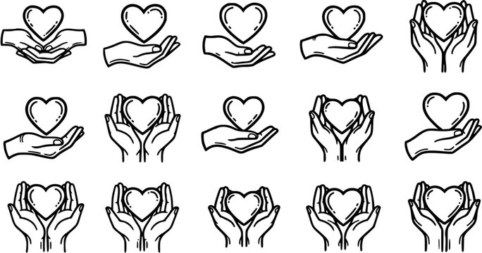 Caring hands holding hearts line art icons, charity and love concept, vector illustrations