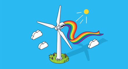 Obraz premium Wind Turbine With Rainbow Cloud.