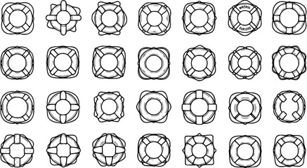 Nautical Safety Lifebuoy and Life Ring Outline Icons Set - Black  White Vector Collection of Rescue Buoys © pixsource
