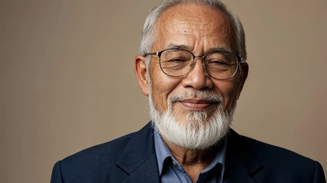 Wise Portrait: A close-up of a distinguished older man, his eyes revealing a depth of experience and wisdom, framed by glasses and a neatly groomed beard, radiating a sense of calm and insight.