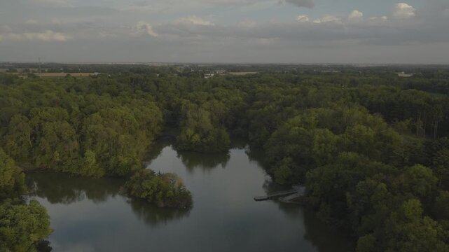 An aerial flyover Horton Lake at dusk near Nauvoo, IL