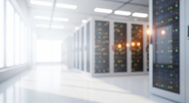 Modern Server Room with Bright Light and Data Racks.