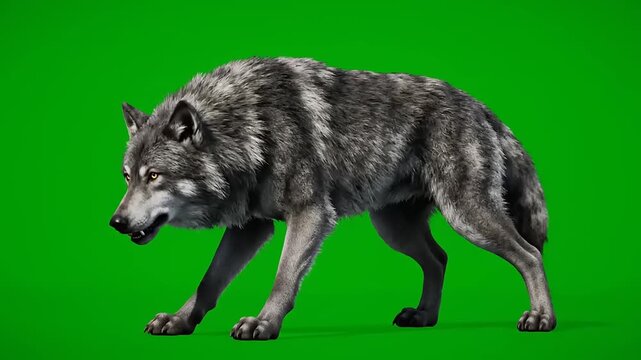 A realistic motion graphics clip of a gray wolf standing and looking to the side on a green screen background