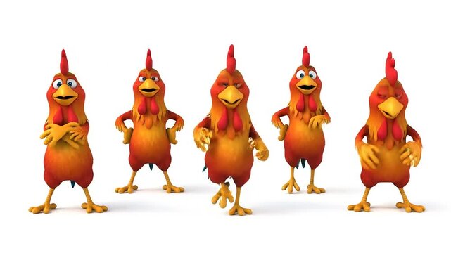 Amusing cartoon chickens posing in different comical and expressive ways, showcasing vibrant colors and playful character design for lighthearted content