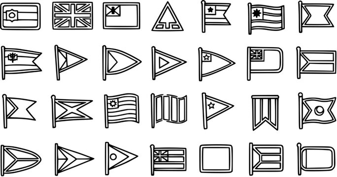 International Flags Outline Line Art Icon Set. Black and White Collection for Countries, Travel, Geography, and National Symbols.