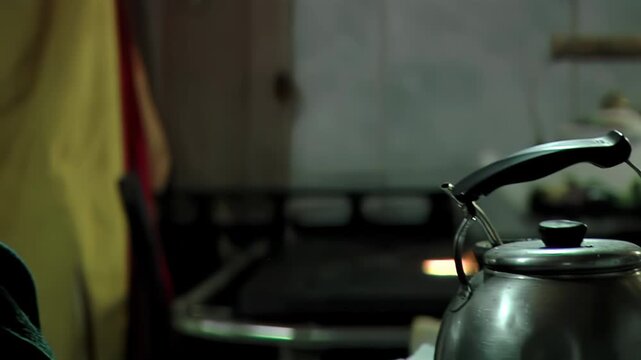 Elderly Woman Pouring Hot Water for Yerba Mate, Argentina, Traditional Kitchen, Close Up - 4K