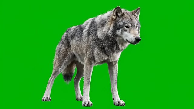 Majestic grey wolf stands alert, captured on a vibrant green screen for easy compositing in diverse wildlife and nature projects