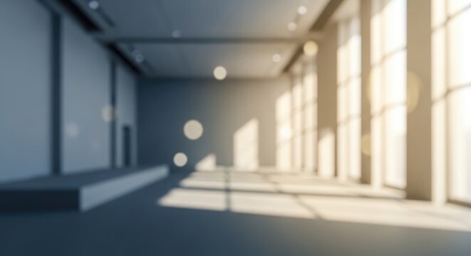 Empty Modern Hall with Sunlight Streaming Through Large Windows.