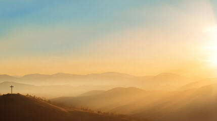 Obraz premium Sunrise over rolling hills with subtle cross silhouette in distance, golden morning light and soft haze, hopeful and uplifting spiritual background, panoramic landscape composition.