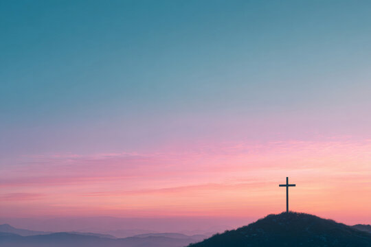 Light pastel sky at dawn with subtle cross silhouette on a distant hill, soft gradient colors, calm and uplifting christian easter background for banners and social media, natural lighting, wide