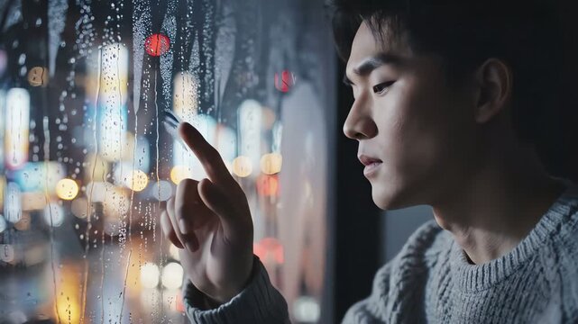 Sad Asian man looking out rainy window at blurred city lights, feeling lonely