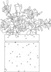 Fototapeta premium Technical landscape elevation drawing showing rectangular planter box with flowering plants, roses and foliage cascading over the edges with concrete texture.