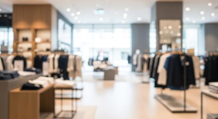 Fototapeta premium Blurred Background of Modern Clothing Store Interior with Racks and Displays.