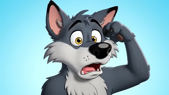 Confused cartoon wolf scratching head with worried expression in 3D rendering, digital art of a silly, animated character in dilemma, isolated