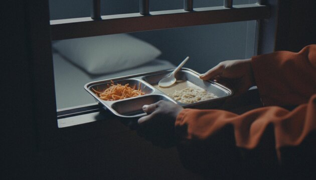 A prisoner's hands, clad in an orange uniform, reach through a barred opening to collect a meager meal served on a metal tray, illustrating life in a correctional facility