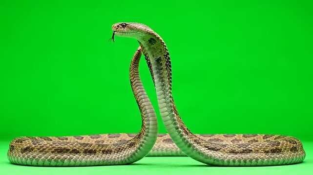 Two captivating cobras in an alert, mirrored pose, displaying intricate scales and flicking tongues against a vivid green screen, symbolizing wild danger and exotic serpentine power