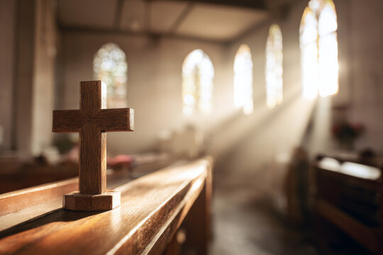 Elegant wooden cross on a bright altar with soft sunlight streaming through church windows, minimalistic sacred interior, clean and serene atmosphere suitable for cresima celebration, shallow depth of