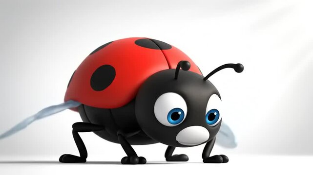 Cute cartoon ladybug exploring with large eyes, 3D rendering against plain background. Friendly, colorful, and humorous insect close-up.