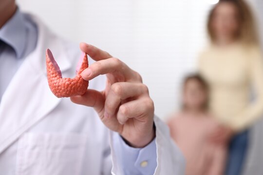 Endocrinologist with model of thyroid gland and patients indoors, selective focus