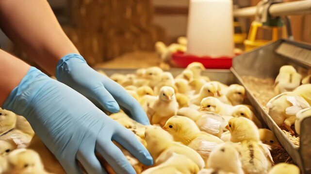 Farm worker or veterinarian wearing blue nitrile gloves gently inspecting the health of newborn yellow baby chicks inside a commercial poultry hatchery.