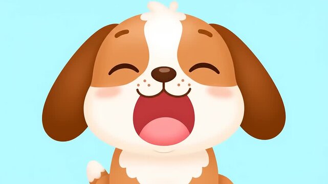 Laughing puppy cartoon, cute dog yawning, happy animal enjoying, joyful expression, vector pet, comical animation character, blue background