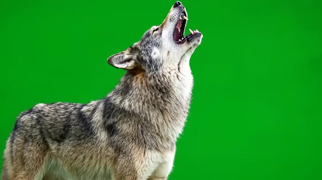 Powerful gray wolf captured in a majestic howl, displaying its wild nature against a vibrant green screen background, perfect for compositing