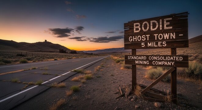 Iconic Bodie Ghost Town Sign At Sunset Approaching Desert Landscape