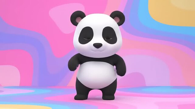 Adorable panda bear standing, cartoon style on pink backdrop. 3D render of animal with simple expression. Animation, kids illustration, children's book