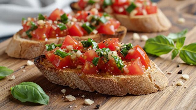Drizzling Olive Oil on Fresh Tomato Basil Bruschetta Close-Up