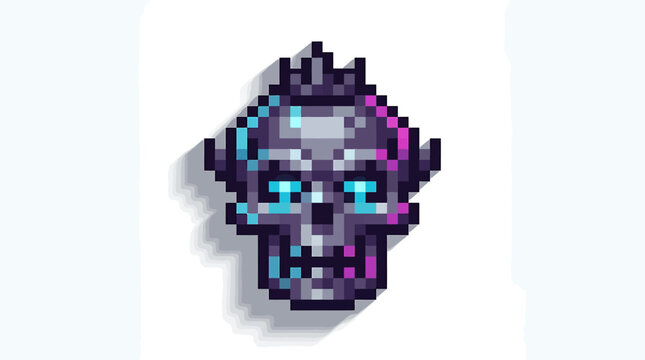 Pixelated Skull Icon with Neon Blue and Pink Eyes on a White Background