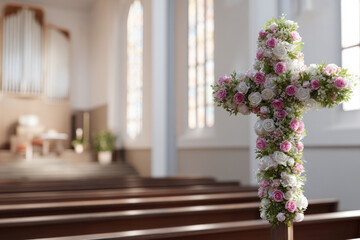 Fototapeta premium Elegant flower-covered cross placed at the front of a bright modern church interior, soft daylight streaming through tall windows, neutral tones, clean and serene atmosphere, professional balanced