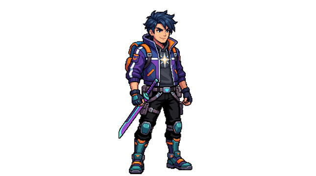 A vibrant pixel art digital illustration of a futuristic male hero with spiky hair and an illuminated sword, embodying adventure and dynamic action in a stylized gaming aesthetic