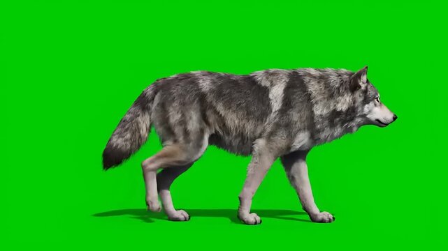 A realistic grey wolf walks in profile against a green screen background, captured in a high-definition video