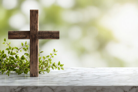 Simple wooden cross leaning on marble surface with soft greenery, bright diffused daylight, clean minimalistic spiritual cresima background. with copy space
