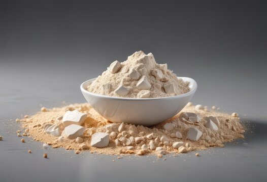 White powder scoop with sports nutrition ingredients on gray background, protein, gainer, creatine