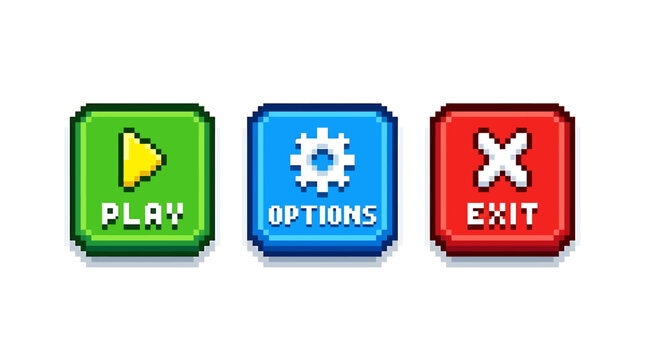 Vibrant retro pixel art game menu buttons Play, Options, Exit. Classic 8-bit style UI elements for engaging digital applications
