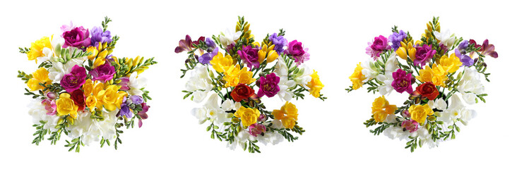 Obraz premium Bouquets of bright freesia flowers isolated on white, set