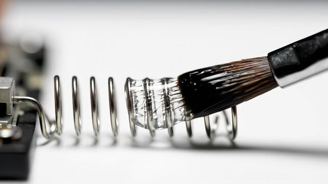 Macro close-up of a brush applying a thick, clear liquid or flux onto a shiny metal spring coil against a white background, demonstrating precision in electronics manufacturing or maintenance.