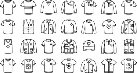Fototapeta premium Medical Uniforms and Apparel Line Art Icons Set - Healthcare Clothing Vector