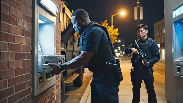 Armed security guards in tactical gear replenishing an ATM at night, unloading a secure cash cassette from an armored vehicle on a city street to ensure safe money transport and banking logistics.