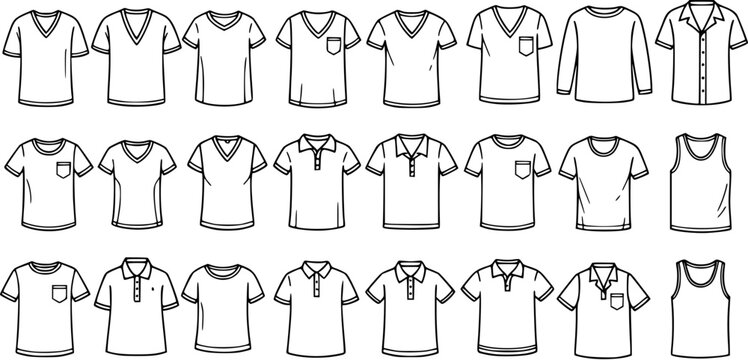 Black and White Line Art Outline Vector Set of Apparel Clothing Tops. Collection of T-shirts, Polo Shirts, Long Sleeves, and Tank Tops for Fashion Design