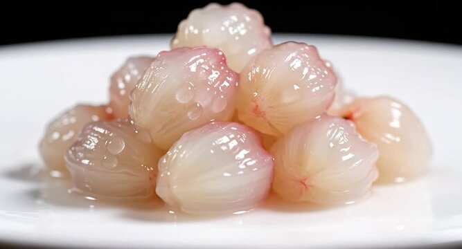 Glistening Peeled Lychees Piled in a Small Mound on a White Plate, Showcasing Their Juicy, Tropical Texture