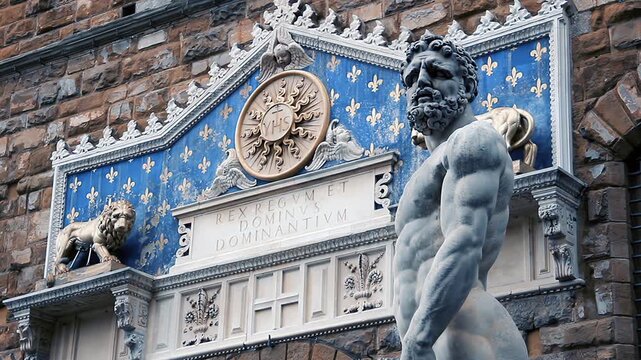 Hercules and Cacus Statue at the Entrance of Palazzo Vecchio, Piazza della Signoria, Florence, Italy - 4K