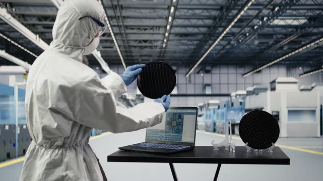 Automated microchip foundry engineer assessing hardware fabrication schedules with laptop software. Expert uses notebook to design semiconductor manufacturing plant layout, camera A